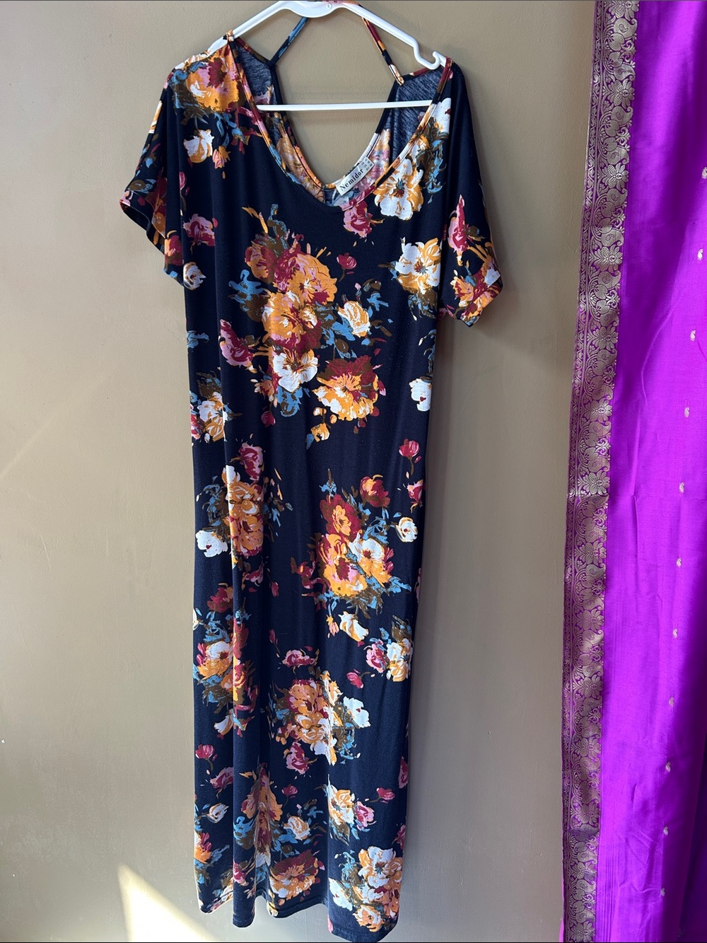Black Floral V-Neck Maxi Dress with Autumn Bouquet Print